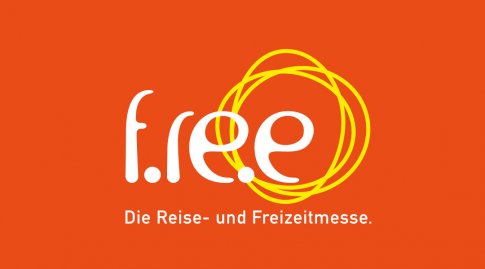 Das Logo der f.re.e in weißer Schrift auf orangenem Hintergrund und 3 gelbe Kreise